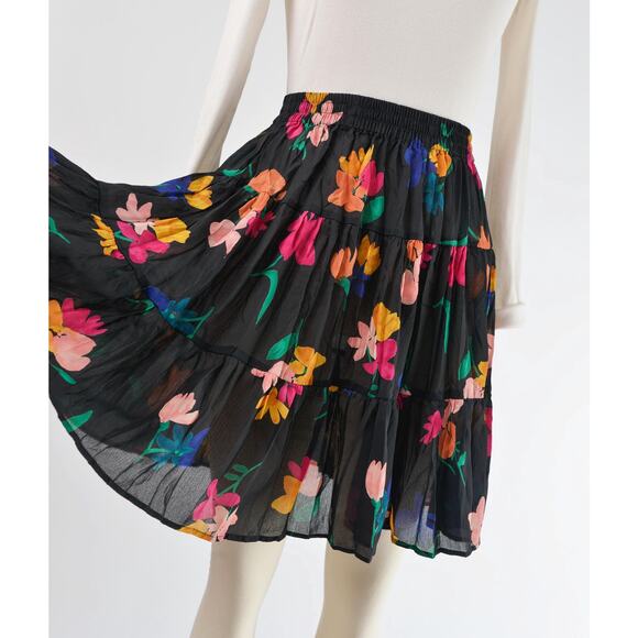 Vintage 90s Black Floral Tiered Peasant Boho Semi Sheer Full Mini Skirt XS S - Picture 3 of 7